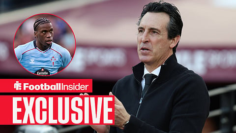 Football Insider exclusive as Aston Villa manager Unai Emery stares towards Celta Vigo midfielder Ilaix Moriba, who watches from a circular inset.