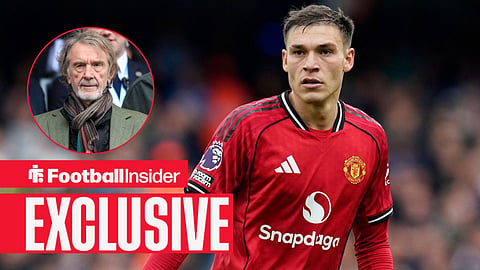 Football Insider exclusive as Manchester United midfielder Manuel Ugarte is in action, while owner Sir Jim Ratcliffe watches from a circular inset.