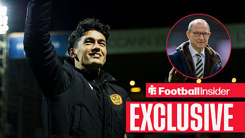 Football Insider exclusive as Elijah Just smiles after a game for Motherwell, while Celtic manager Martin O'Neill watches from a circular inset.