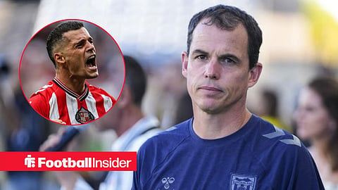 Regis Le Bris looking focused on the sidelines, with Granit Xhaka in a circular inset