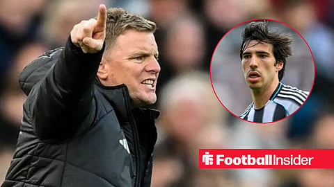 Eddie Howe looking angry on the sidelines, with Sandro Tonali in a circular inset
