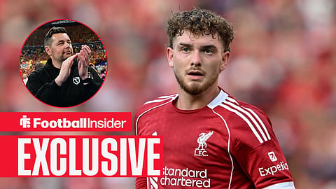 Football Insider exclusive as Liverpool midfielder Harvey Elliott is in action, while Crystal Palace manager Pierre Sage applauds in a circular inset.