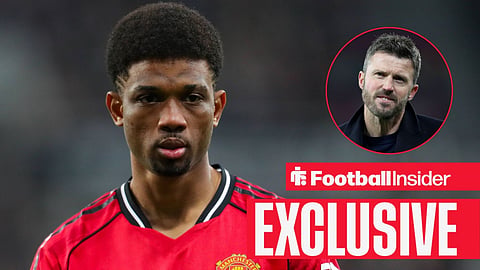 Amad Diallo in action looking right of camera with Michael Carrick right inset smiling at fans