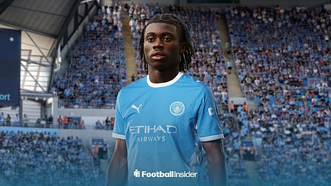 Leicester City's Jeremy Monga in a Manchester City home kit at the Etihad Stadium