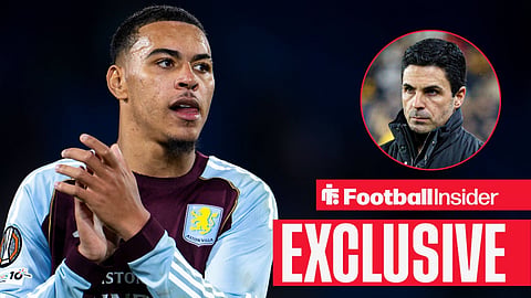 Morgan Rogers clapping to fans with Mikel Arteta right inset looking stern at him