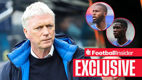 David Moyes frowning on sideline with Thierno Barry and Beto both in action right insets 