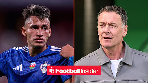 Camilo Duran in blue Qarabag top on left and Chris Sutton smiling on right