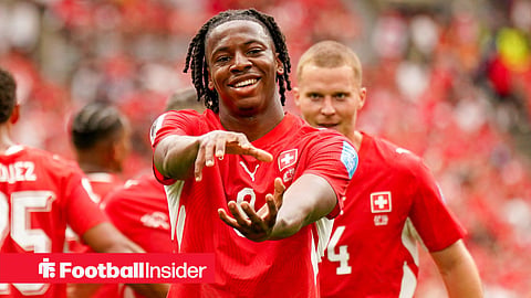 Freiburg midfielder Johan Manzambi celebrates scoring for Switzerland