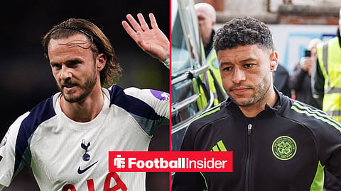 James Maddison on left playing for Tottenham Hotspur in white home kit and Alex Oxlade-Chamberlain on right in Celtic training gear