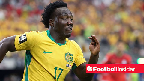 Nestory Irankunda running while playing for Australia against Egypt in the 2026 World Cup