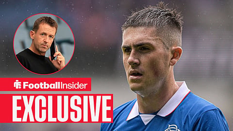 Football Insider exclusive as Rangers midfielder Bailey Rice stares towards Kilmarnock manager Neil McCann, who is on the phone in a circular inset.