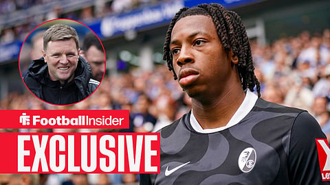 Football Insider exclusive as Freiburg midfielder Johan Manzambi stares towards Newcastle manager Eddie Howe, who grins in a circular inset.