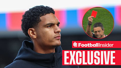 Bayer Leverkusen defender Jarell Quansah with referee showing red card in game vs Mexico inset