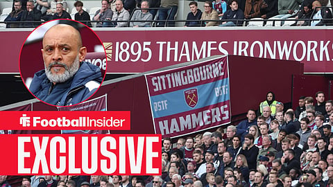 Football Insider exclusive as West Ham fans watch at the London Stadium, while manager Nuno Espirito Santo features in a circular inset.