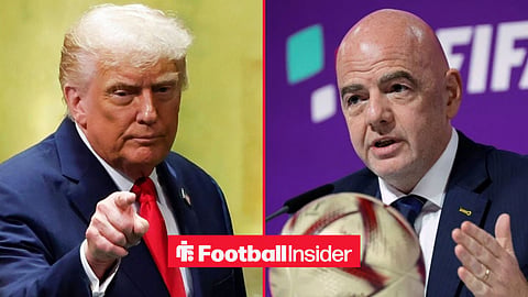 Donald Trump pointing forward, with Gianni Infantino in a press conference for FIFA