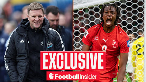 Football Insider exclusive as Newcastle manager Eddie Howe smiles across a split image towards Johan Manzambi, who is celebrating a goal for Switzerland.