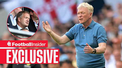 Football Insider exclusive as Everton manager David Moyes gesticulates towards SFA chief Ian Maxwell, who watches from a circular inset.