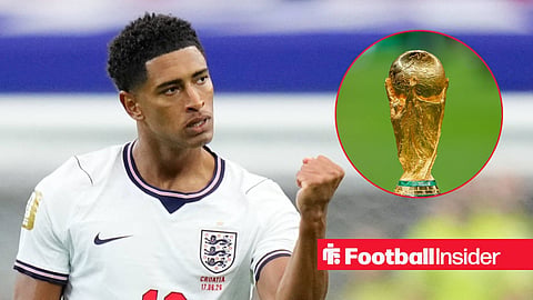 Real Madrid midfielder Jude Bellingham celebrates for England at the World Cup, with the World Cup trophy inset
