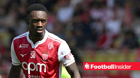 Folarin Balogun playing for Monaco in red home top