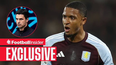Football Insider exclusive as Ezri Konsa is in action for Aston Villa, while Arsenal manager Mikel Arteta watches from a circular inset.