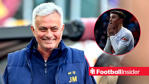 Jose Mourinho smiling with dark blue coat on with Alfie Devine in cirlce in white Preston home kit