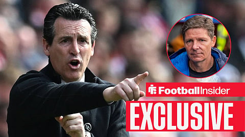 Unai Emery pointing angrily on sideline with Oliver Glasner on sideline right inset