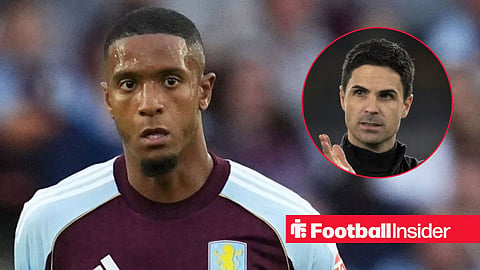 Ezri Konsa in action for Aston Villa, with Mikel Arteta in a circular inset