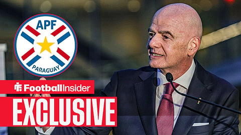 Gianni Infantino, President of FIFA speaks at a high-level reception hosted by Qatar at UNHQ under the theme From FIFA World Cup 2022 To FIFA World Cup 2026 / Paraguay National Team badge