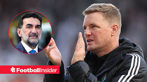 Eddie Howe clapping Newcastle fans with Yasir Al-Rumayyan in suit and tie left inset