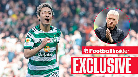 Football Insider exclusive as Celtic striker Daizen Maeda celebrates a goal, while Everton manager David Moyes applauds in a circular inset.