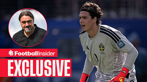 Football Insider exclusive as Derby goalkeeper Jacob Zetterstrom is in action for Sweden, while Leeds manager Daniel Farke watches from a circular inset.