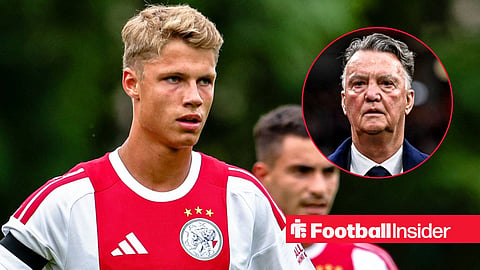 Sean Steur in action for Ajax with Louis van Gaal in suit looking forward right inset