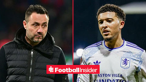 Roberto De Zerbi on the sidelines at Tottenham, with Jadon Sancho in a circular inset