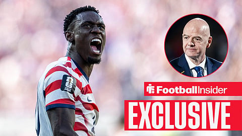 Football Insider exclusive as USA foward Folarin Balogun is in action, while FIFA president Gianni Infantino watches from a circular inset.