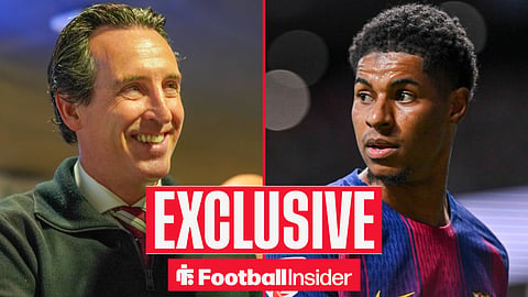 Aston Villa manager Unai Emery smiles with Man United winger Marcus Rashford on loan at Barcelona inset