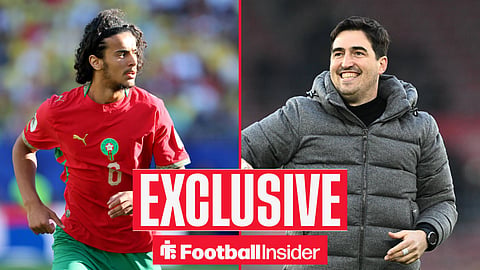 Football Insider exclusive as Ayyoub Bouaddi stares across a split image towards Liverpool manager Andoni Iraola.