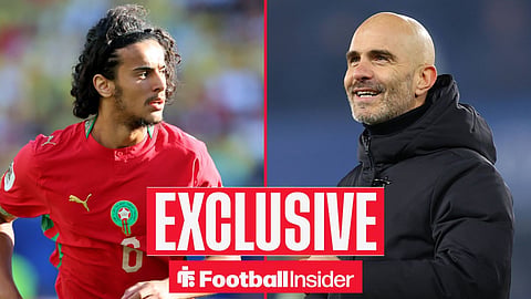 Football Insider exclusive as Ayyoub Bouaddi is in action for Morocco, while Man City manager Enzo Maresca smiles on the other side of a split image.