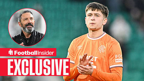 Football Insider exclusive as Mikey Moore applauds after a game for Rangers, while manager Derek McInnes smiles in a circular inset.