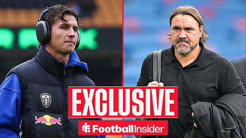 Football Insider exclusive as Leeds midfielder Brenden Aaronson stares across a split image towards manager Daniel Farke.