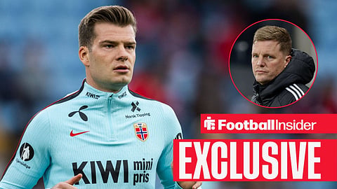 Football Insider exclusive as Alexander Sorloth warms up for a game for Norway, while Newcastle manager Eddie Howe watches from a circular inset.