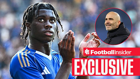Football Insider exclusive as Leicester winger Jeremy Monga applauds after a game, while Man City manager Enzo Maresca smiles in a circular inset.
