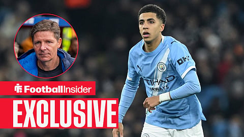 Football Insider exclusive as Rico Lewis is in action for Manchester City, while Nottingham Forest manager Oliver Glasner watches from a circular inset.