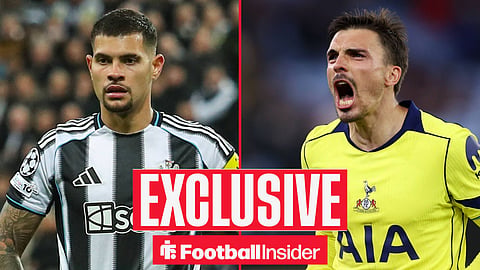 Newcastle midfielder Bruno Guimaraes with Tottenham midfielder Joao Palhinha celebrates inset