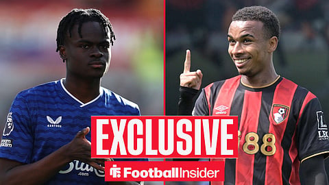 Everton winger Tyrique George with Bournemouth forward Eli Junior Kroupi inset
