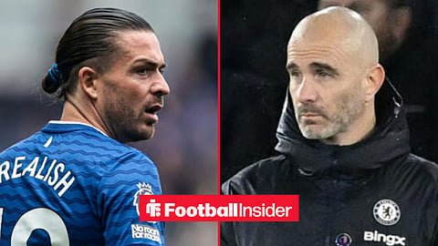 Jack Grealish in action for Everton, with Enzo Maresca on the sidelines