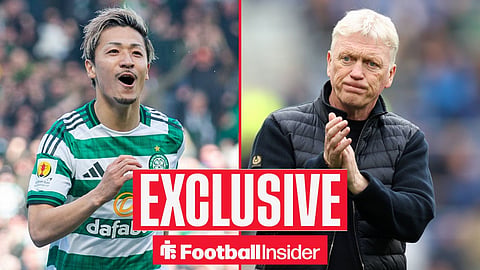 Football Insider exclusive as Celtic forward Daizen Maeda celebrates a goal, while Everton manager David Moyes applauds on the other side of a split image.
