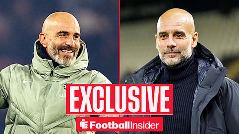 Former Chelsea manager Enzo Maresca smiles with former Man City manager Pep Guardiola inset