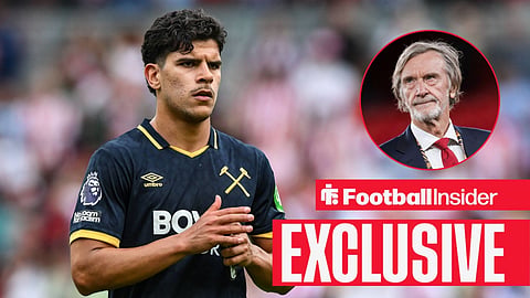 Football Insider exclusive as Mateus Fernandes stares towards Man United owner Sir Jim Ratcliffe, who watches from a circular inset.