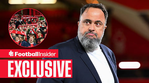 Football Insider exclusive as Nottingham Forest owner Evangelos Marinakis stares towards the fans, who hold scarves aloft in a circular inset.