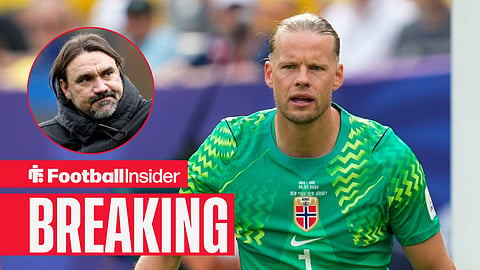 Orjan Nyland in action for Norway, with Daniel Farke in a circular inset